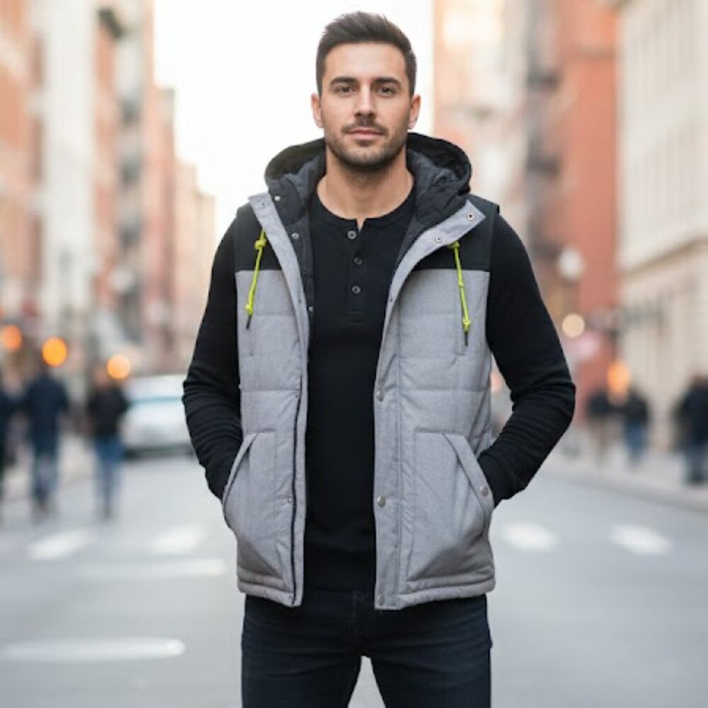 American Stitch, Heather Gray and Black Hooded Vest